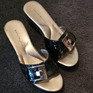 Bandolino Black Patent Mules with Silver Buckle
